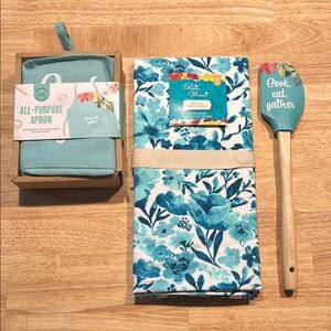Floral Blue Kitchen Set with Apron and Spatula